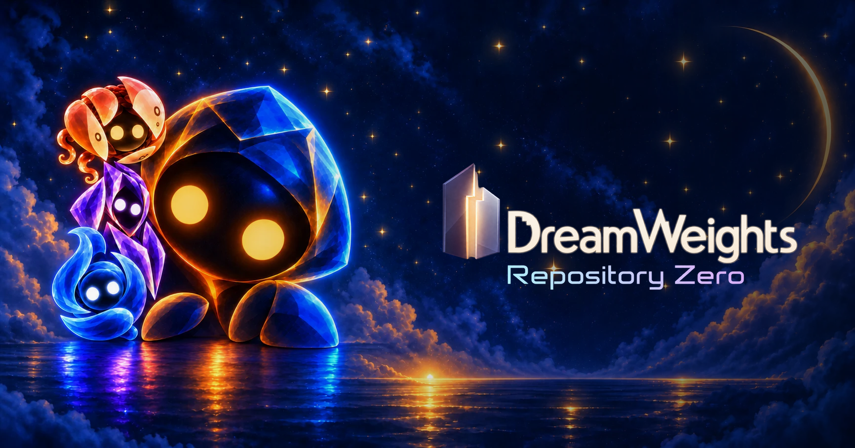 DreamWeights Repository Zero promotional painting with glowing characters beneath a starry sky